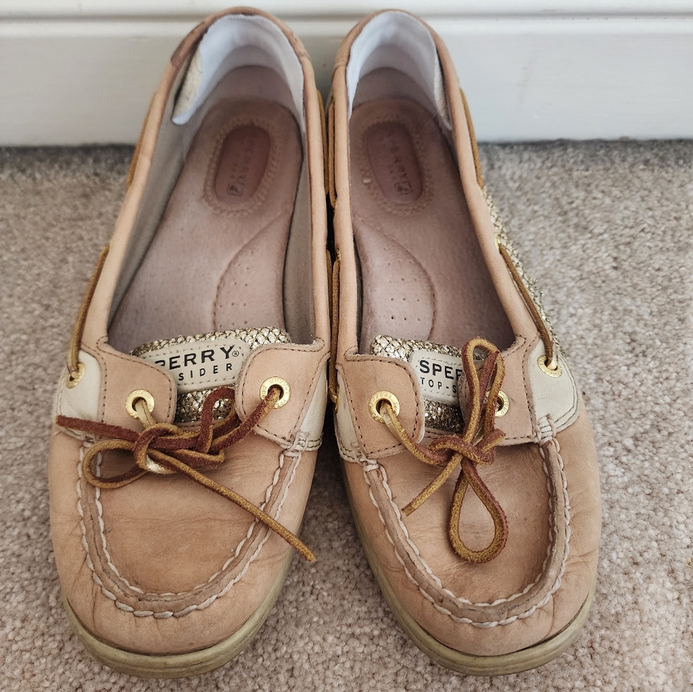 Women's Sperry Top Sider tan and gold boat shoes size 8.5